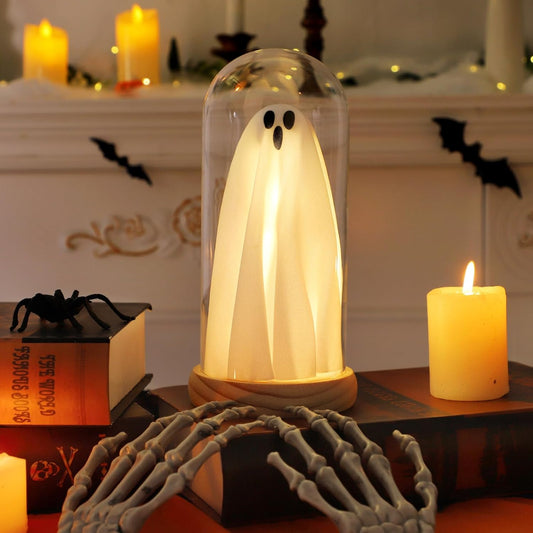Halloween Ghost Decor Light – Light up Ghost in Glass Cloche with Wood Base, Cute Indoor Halloween Decoration for Table, Shelf, Fireplace – Spooky Room Decor (1 Pack)