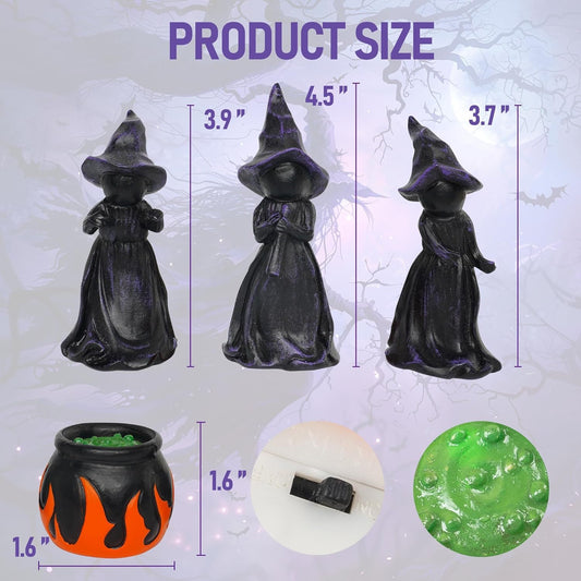 4 PCS Halloween Miniature Witches Cauldron Figurine Table Decoration, Resin Scary Witches Lighted up Cauldron, Halloween Festival Supplies Indoor Outdoor Shelf Fireplace Home Decor