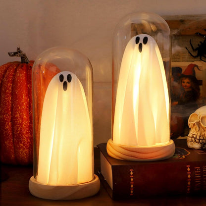 Halloween Ghost Decor Light – Light up Ghost in Glass Cloche with Wood Base, Cute Indoor Halloween Decoration for Table, Shelf, Fireplace – Spooky Room Decor (1 Pack)