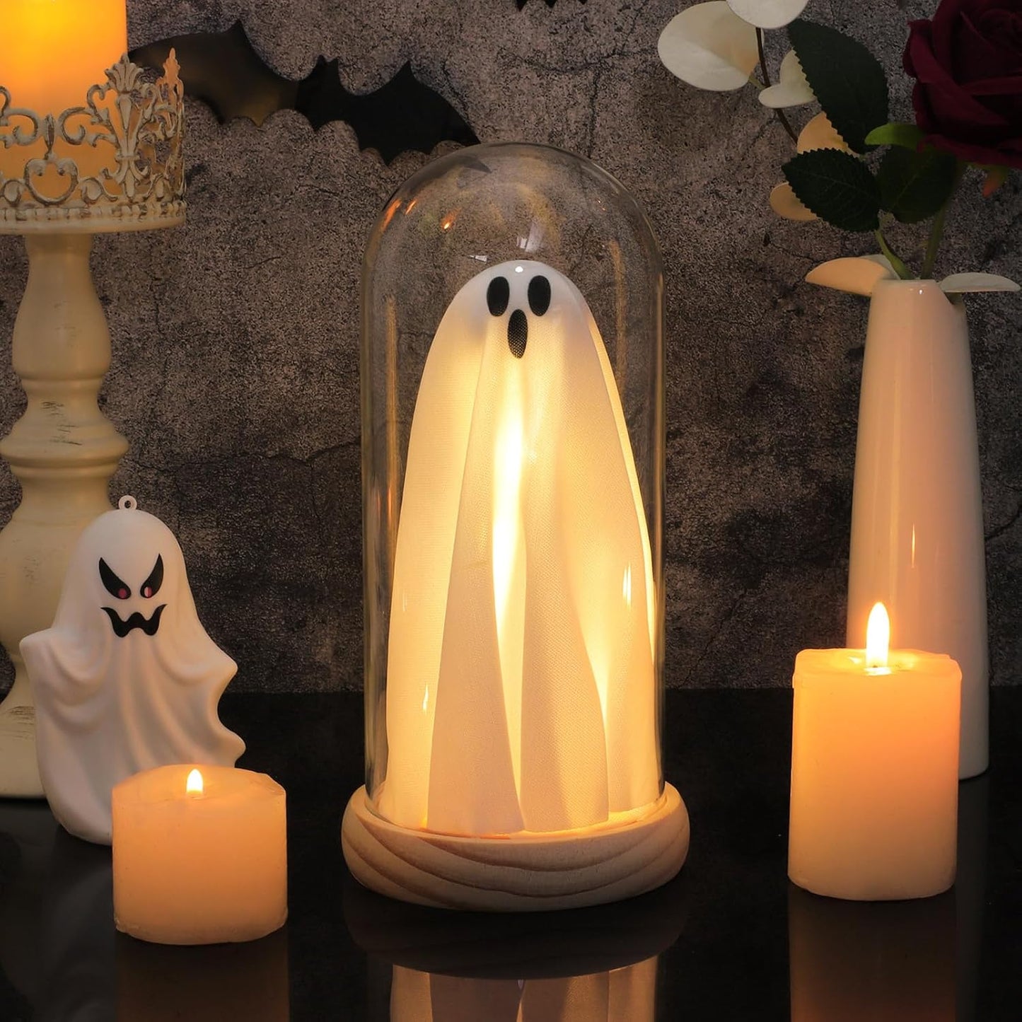 Halloween Ghost Decor Light – Light up Ghost in Glass Cloche with Wood Base, Cute Indoor Halloween Decoration for Table, Shelf, Fireplace – Spooky Room Decor (1 Pack)