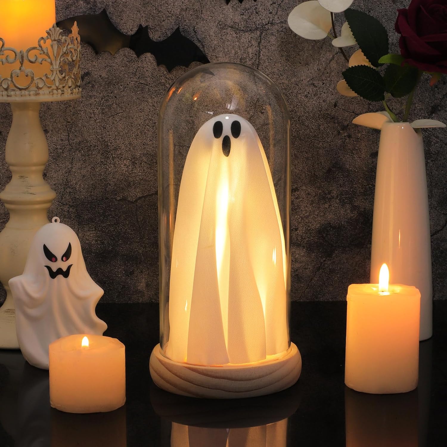 Halloween Ghost Decor Light – Light up Ghost in Glass Cloche with Wood Base, Cute Indoor Halloween Decoration for Table, Shelf, Fireplace – Spooky Room Decor (1 Pack)