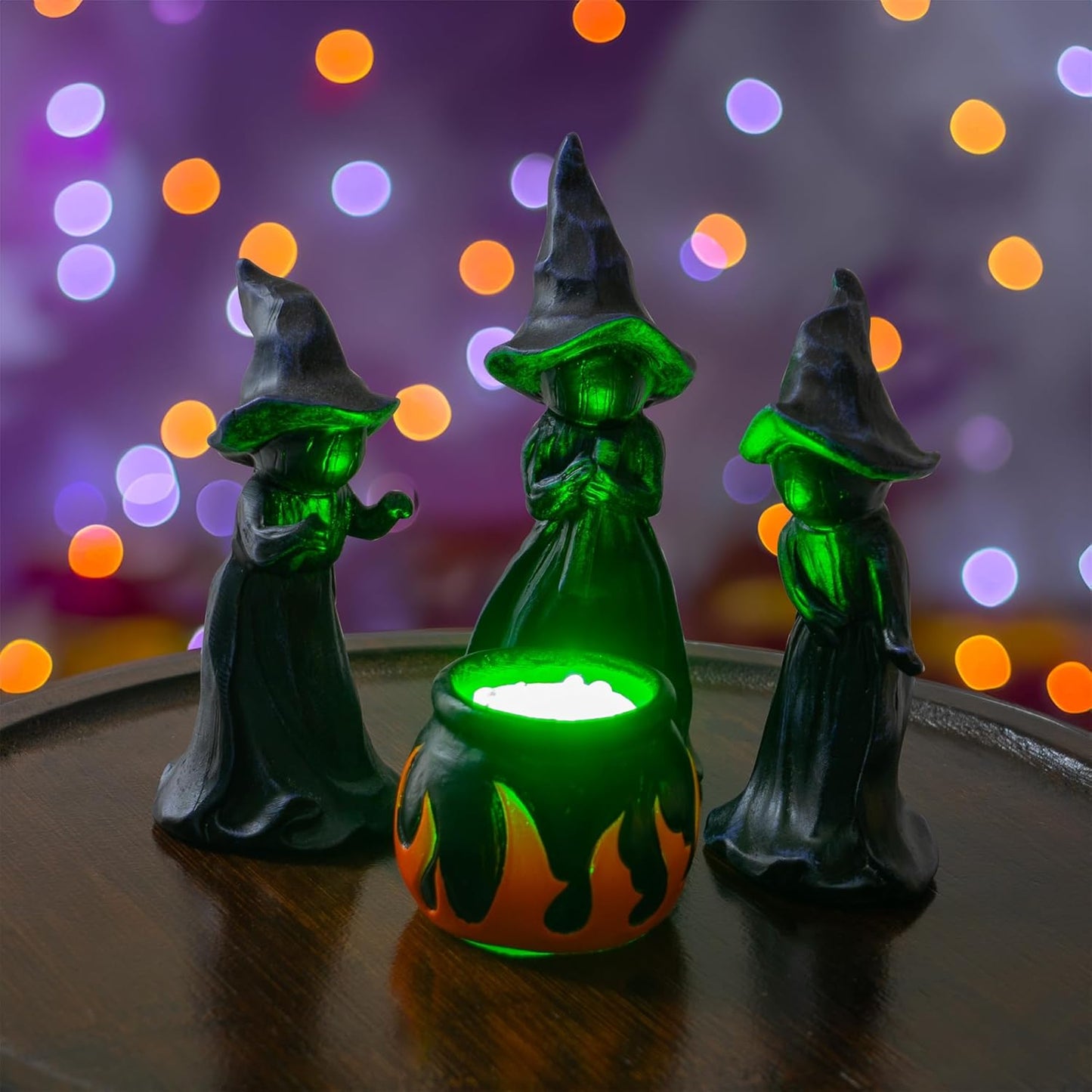 4 PCS Halloween Miniature Witches Cauldron Figurine Table Decoration, Resin Scary Witches Lighted up Cauldron, Halloween Festival Supplies Indoor Outdoor Shelf Fireplace Home Decor