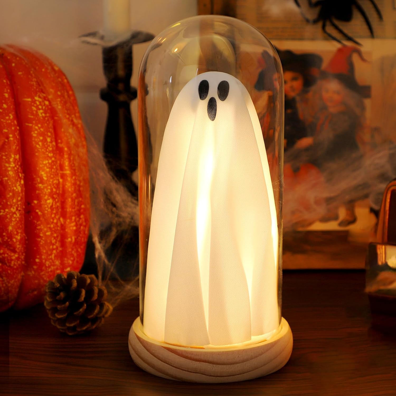 Halloween Ghost Decor Light – Light up Ghost in Glass Cloche with Wood Base, Cute Indoor Halloween Decoration for Table, Shelf, Fireplace – Spooky Room Decor (1 Pack)