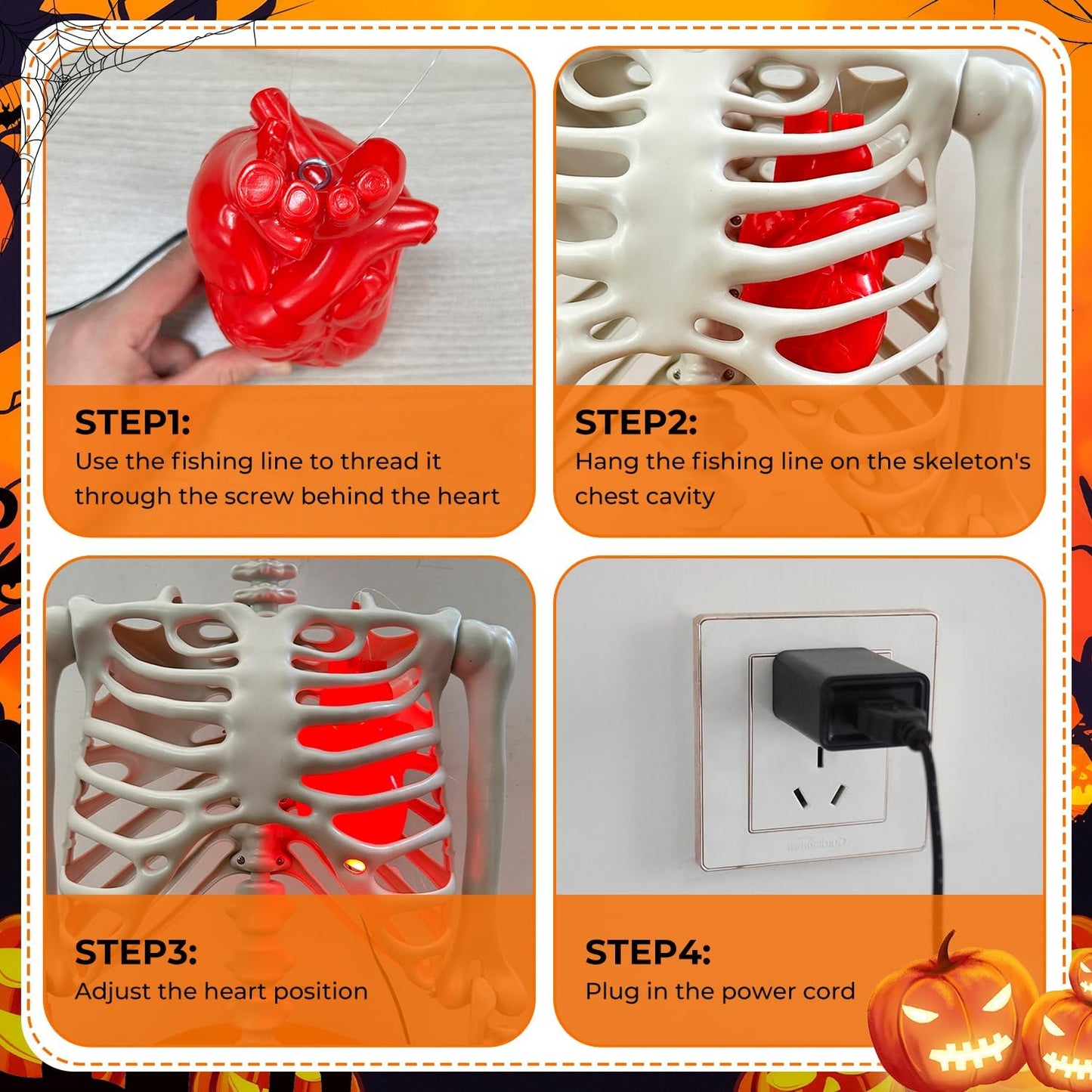 Light up Halloween Skeleton Heart Decor, Halloween Animatronics Props Realistic Heartbeat with Lights, Creepy Decorations Plug in with 16.4FT Power Cord for Skeletons Decor