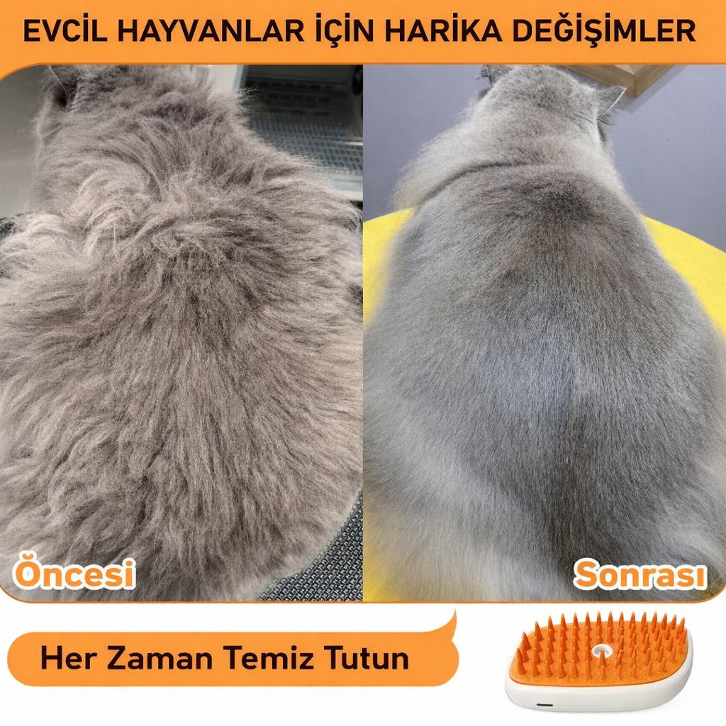 Buharlı Kedi Tarağı 4’ü 1 Arada – Tüy Toplayan Antistatik Masajlı Fırça