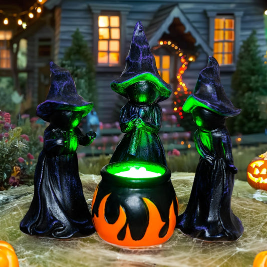4 PCS Halloween Miniature Witches Cauldron Figurine Table Decoration, Resin Scary Witches Lighted up Cauldron, Halloween Festival Supplies Indoor Outdoor Shelf Fireplace Home Decor