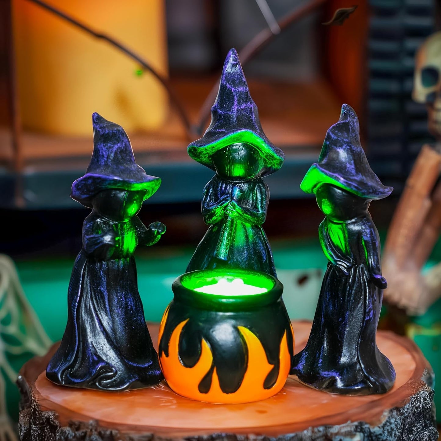 4 PCS Halloween Miniature Witches Cauldron Figurine Table Decoration, Resin Scary Witches Lighted up Cauldron, Halloween Festival Supplies Indoor Outdoor Shelf Fireplace Home Decor