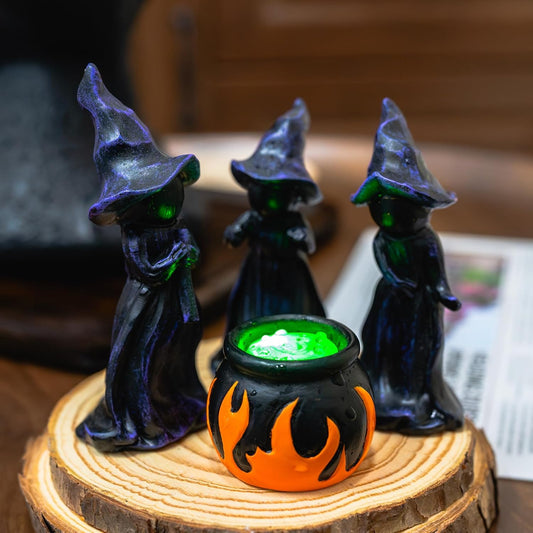 4 PCS Halloween Miniature Witches Cauldron Figurine Table Decoration, Resin Scary Witches Lighted up Cauldron, Halloween Festival Supplies Indoor Outdoor Shelf Fireplace Home Decor