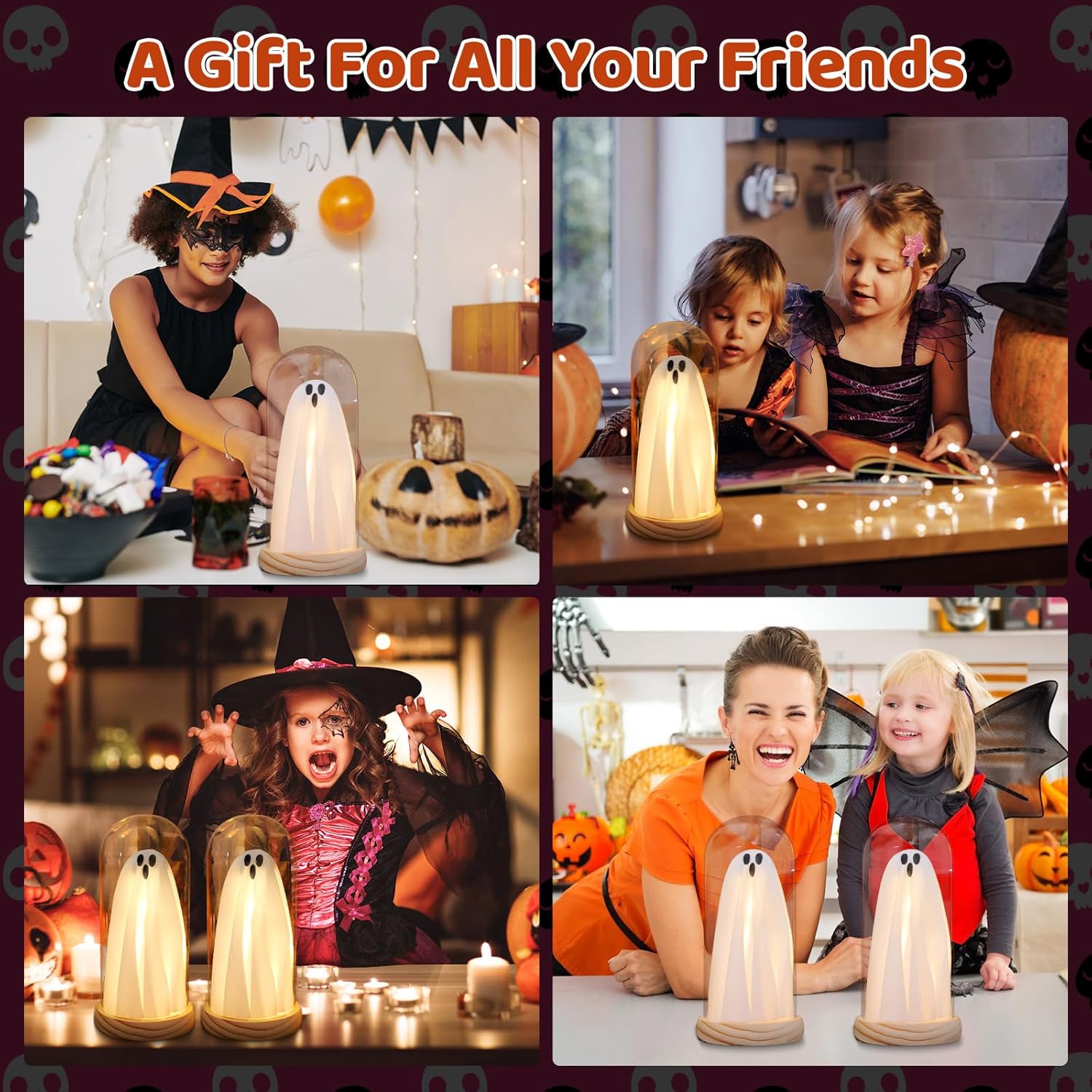 Halloween Ghost Decor Light – Light up Ghost in Glass Cloche with Wood Base, Cute Indoor Halloween Decoration for Table, Shelf, Fireplace – Spooky Room Decor (1 Pack)