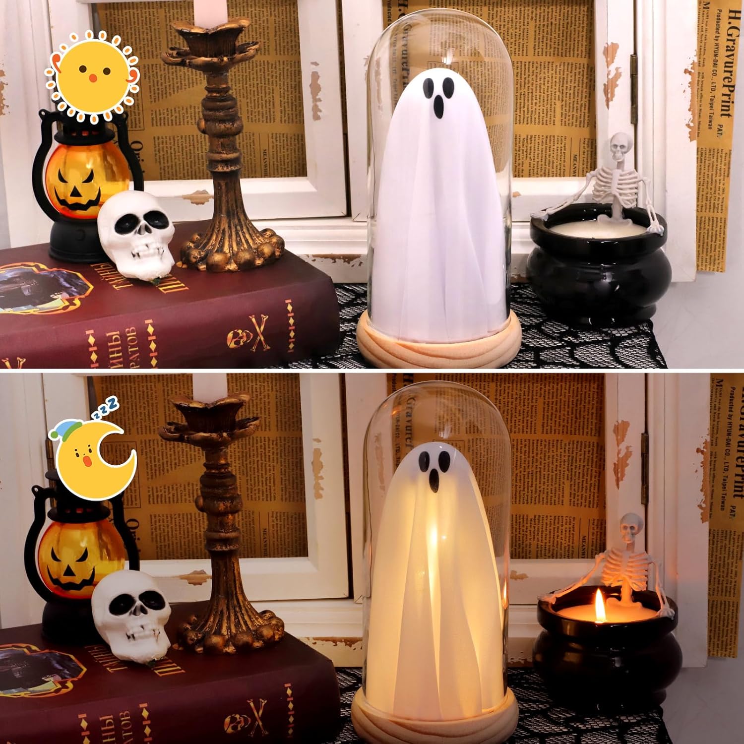 Halloween Ghost Decor Light – Light up Ghost in Glass Cloche with Wood Base, Cute Indoor Halloween Decoration for Table, Shelf, Fireplace – Spooky Room Decor (1 Pack)