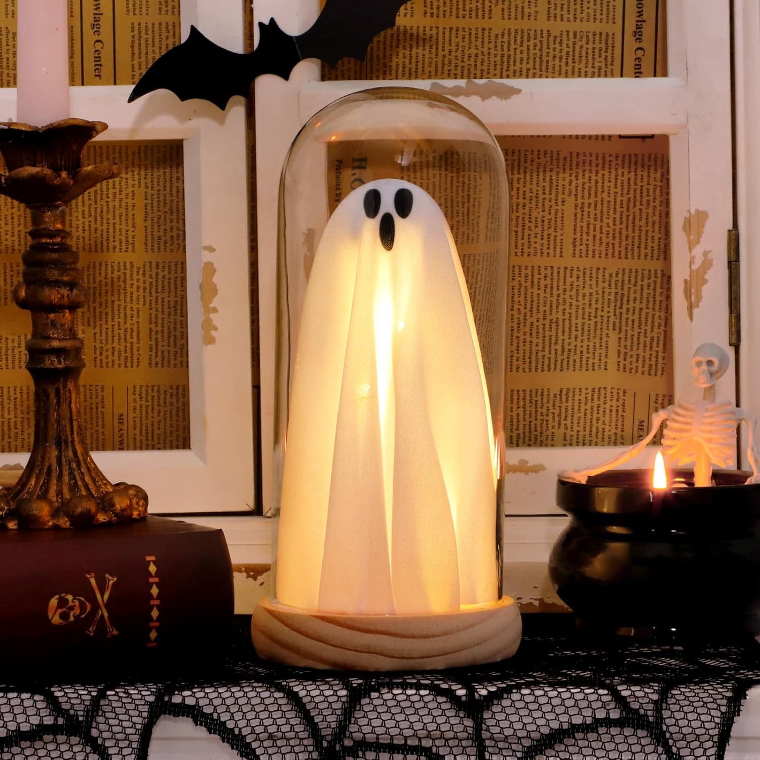 Halloween Ghost Decor Light – Light up Ghost in Glass Cloche with Wood Base, Cute Indoor Halloween Decoration for Table, Shelf, Fireplace – Spooky Room Decor (1 Pack)