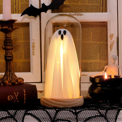Halloween Ghost Decor Light – Light up Ghost in Glass Cloche with Wood Base, Cute Indoor Halloween Decoration for Table, Shelf, Fireplace – Spooky Room Decor (1 Pack)