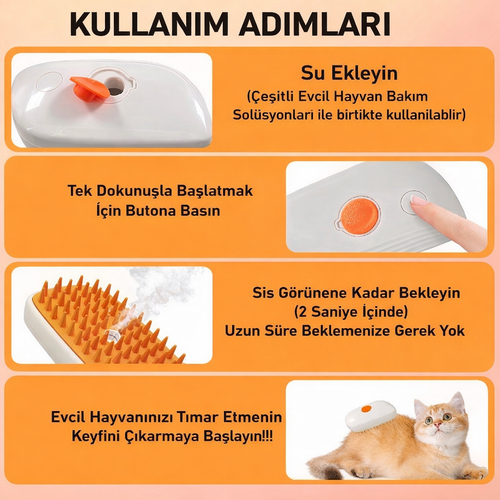 Buharlı Kedi Tarağı 4’ü 1 Arada – Tüy Toplayan Antistatik Masajlı Fırça