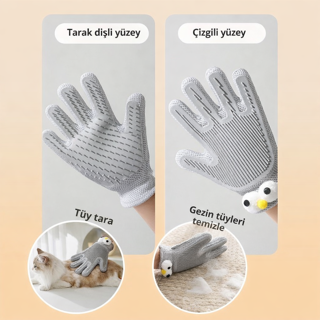 Çift Taraflı Kedi Tüyü Temizleme Eldiveni – Silikon Masajlı Evcil Hayvan Tarağı