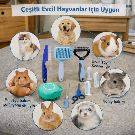 7’li Profesyonel Evcil Hayvan Bakım Seti – Tüy Toplama, Tarama, Pire Tarağı & Banyo Fırçası (Kedi & Köpek Grooming Seti)