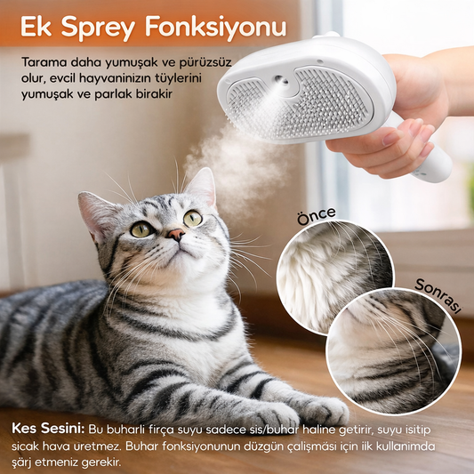 3’ü 1 Arada Buharlı Kedi & Köpek Tarağı – Spreyli Tüy Temizleme ve Masaj Fırçası | Tek Tuşla Temizleme | Uzun & Kısa Tüyler
